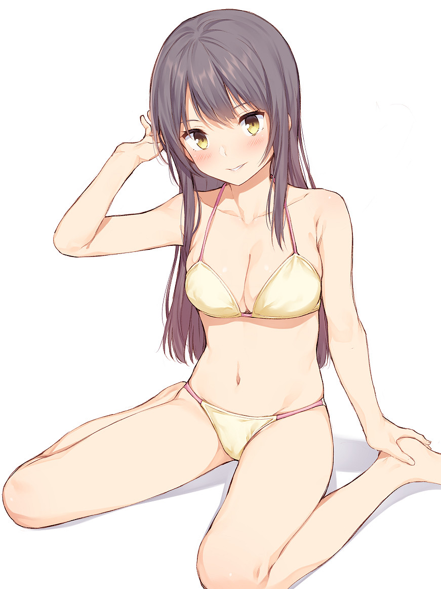 1girl arm_up bangs bare_legs barefoot black_hair blush breasts cleavage full_body hand_on_feet hands_on_feet large_breasts long_hair looking_at_viewer mikazuchi_zeus navel original simple_background sitting smile solo stomach underwear underwear_only wariza white_background yellow_eyes
