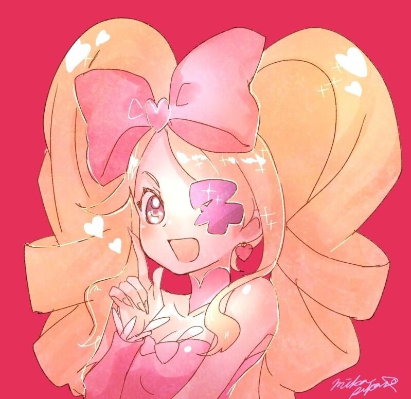1girl :d blonde_hair bow breasts character_request cleavage drill_hair eyepatch fingernails hair_bow harime_nui index_finger_raised kill_la_kill looking_at_viewer mika_pikazo one_eye_covered open_mouth pink_background pink_bow pink_eyes signature simple_background smile solo twin_drills twintails upper_body