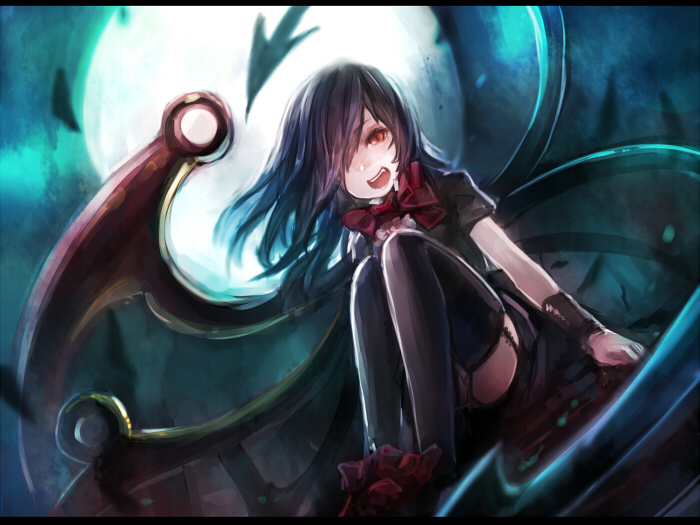 1girl asymmetrical_wings black_dress black_hair black_legwear border chobi_(sakuyasakuhana) dress garter_straps hair_over_one_eye houjuu_nue legs_up long_hair looking_at_viewer open_mouth red_eyes short_sleeves smile solo thigh-highs touhou wings wrist_cuffs