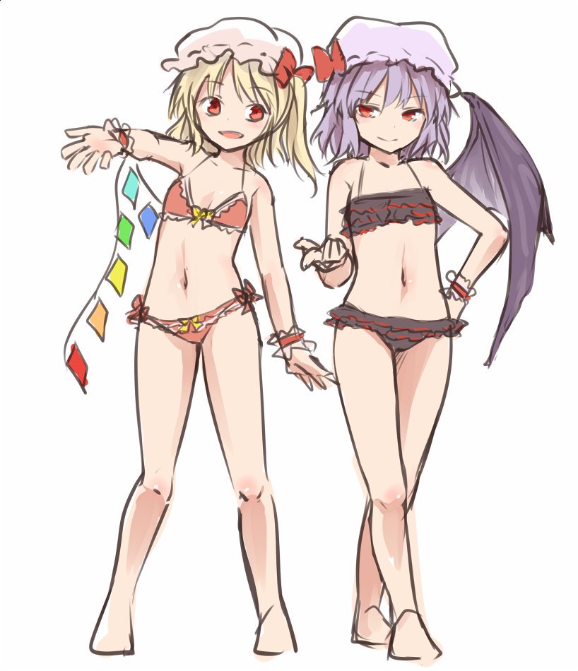 2girls bat_wings blonde_hair bra crystal flandre_scarlet hat hat_ribbon lavender_hair miyo mob_cap multiple_girls panties red_eyes remilia_scarlet ribbon siblings side_ponytail simple_background sisters sketch touhou underwear underwear_only white_background wings