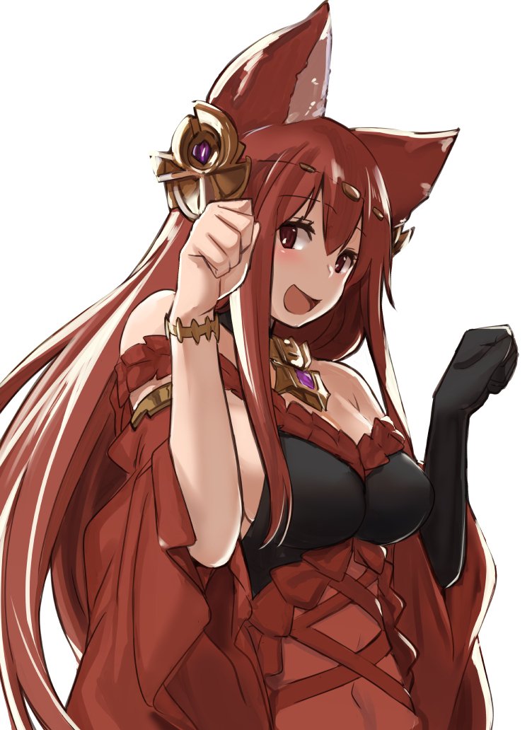 1girl animal_ears anthuria bare_shoulders breasts brown_eyes erun_(granblue_fantasy) granblue_fantasy lefthand long_hair looking_at_viewer medium_breasts paw_pose redhead smile solo upper_body white_background