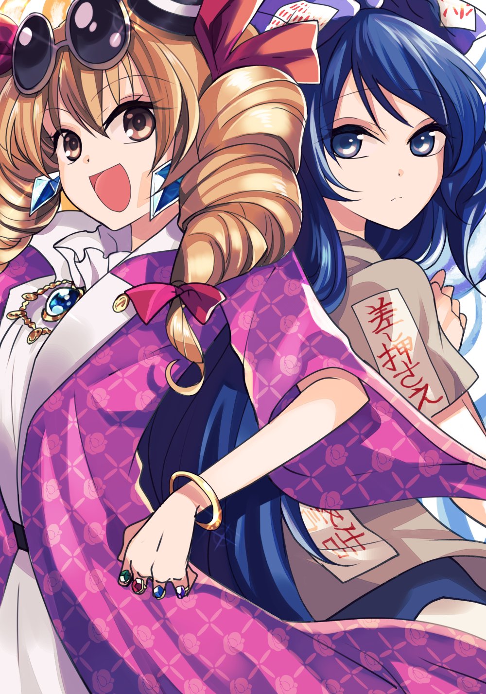 2girls back-to-back black_hat blue_bow blue_eyes blue_hair bow bracelet brooch brown_eyes brown_hair commentary drill_hair eyewear_on_head frown hair_bow hat hat_ribbon highres jewelry katayama_kei looking_at_viewer multiple_girls ofuda open_mouth red_bow ribbon ring short_sleeves siblings sisters sunglasses top_hat touhou translation_request twin_drills white_ribbon wide_sleeves yorigami_jo'on yorigami_shion
