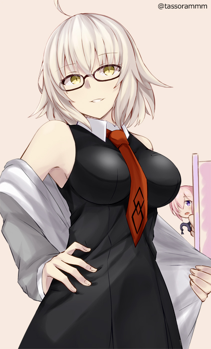 2girls ahoge bangs bare_shoulders beige_background black-framed_eyewear black_dress blush breasts collared_dress commentary_request cosplay dress eyebrows_visible_through_hair fate/grand_order fate_(series) glasses grey_jacket hair_between_eyes hair_over_one_eye head_tilt jacket jeanne_d'arc_(alter)_(fate) jeanne_d'arc_(fate)_(all) large_breasts light_brown_hair looking_at_viewer mash_kyrielight mash_kyrielight_(cosplay) multiple_girls necktie open_clothes open_jacket parted_lips pink_hair red_neckwear simple_background sleeveless sleeveless_dress smile solo_focus tasora twitter_username violet_eyes yellow_eyes