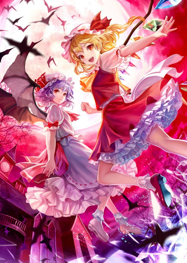 2girls ascot bat bat_wings blonde_hair blue_hair bobby_socks clock flandre_scarlet full_moon hat hat_ribbon jpeg_artifacts miniskirt mob_cap moon multiple_girls outdoors outstretched_arm pink_footwear red_eyes red_footwear red_ribbon red_skirt red_sky remilia_scarlet ribbon scarlet_devil_mansion shoes siblings siro sisters skirt skirt_set sky socks touhou vest wings yellow_neckwear