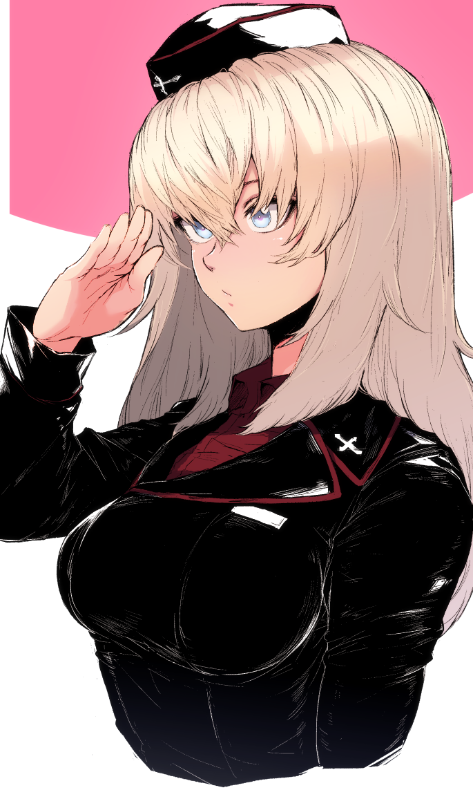 1girl :/ bangs black_hat black_jacket blonde_hair blue_eyes breasts bright_pupils closed_mouth collared_shirt crossed_bangs eyebrows eyelashes facing_away garrison_cap girls_und_panzer hair_between_eyes hat itsumi_erika jacket kuromorimine_military_uniform long_hair long_sleeves looking_away medium_breasts military military_uniform mityubi multicolored multicolored_background palms pink_background red_shirt salute shirt solo tsurime two-tone_background uniform upper_body white_background white_pupils