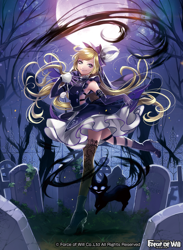 1girl blonde_hair boots bow cat clock copyright_name dark_alice_(force_of_will) elbow_gloves feathers flower force_of_will gloves grass high_heel_boots high_heels leaf long_hair matsurika_youko moon night night_sky official_art sky solo sparkle thigh-highs tombstone tree violet_eyes