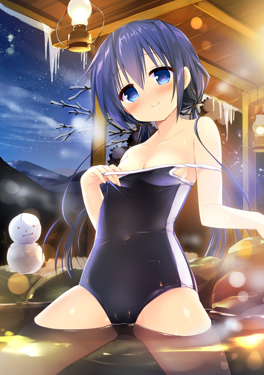 1girl black_hair blue_eyes blush breasts competition_school_swimsuit highres icicle kerosene_lamp long_hair low_twintails nagayama_yuunon night night_sky original rock school_swimsuit sitting sky small_breasts smile snowman solo steam swimsuit swimsuit_pull twintails