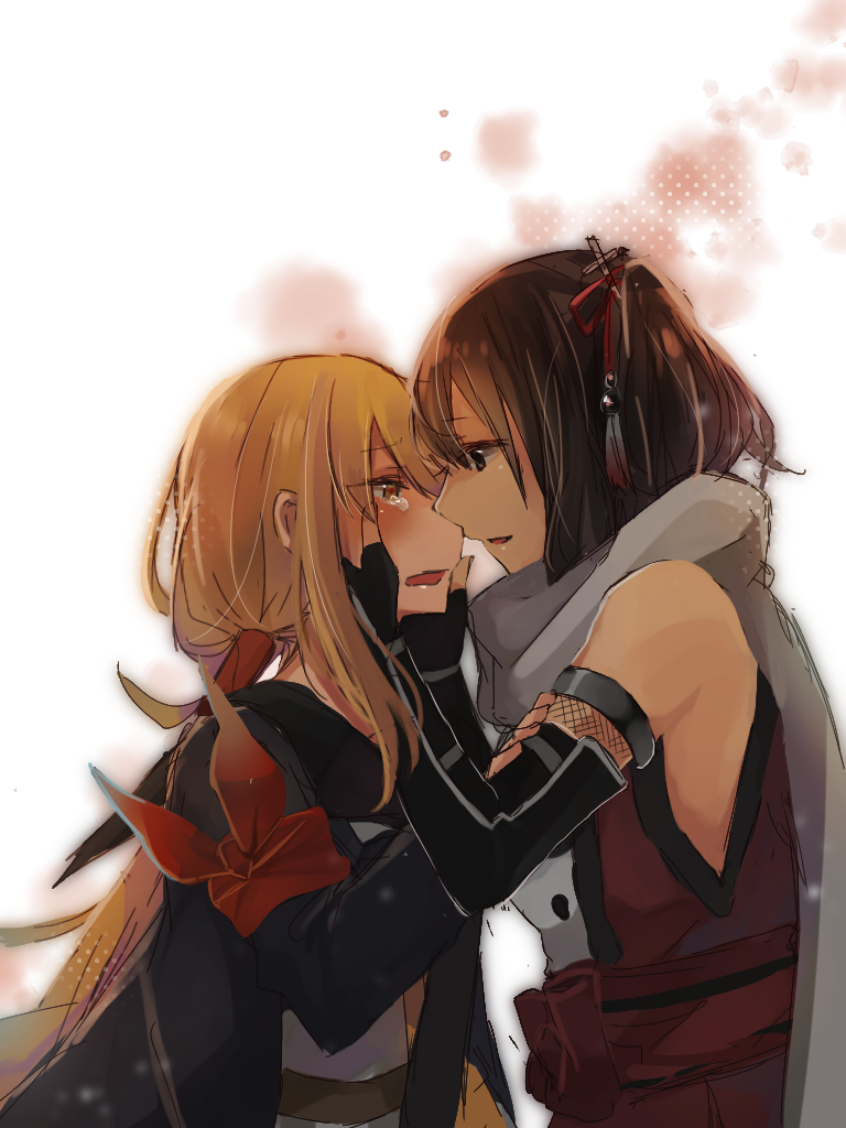 2girls bare_shoulders black_gloves blonde_hair blush brown_eyes brown_hair commentary_request crying crying_with_eyes_open elbow_gloves eye_contact fingerless_gloves from_side gloves hands_on_another's_face kantai_collection long_hair long_sleeves looking_at_another multiple_girls obi open_mouth parted_lips rinto_(rint_rnt) sash satsuki_(kantai_collection) sendai_(kantai_collection) short_hair tears two_side_up vest yellow_eyes yuri