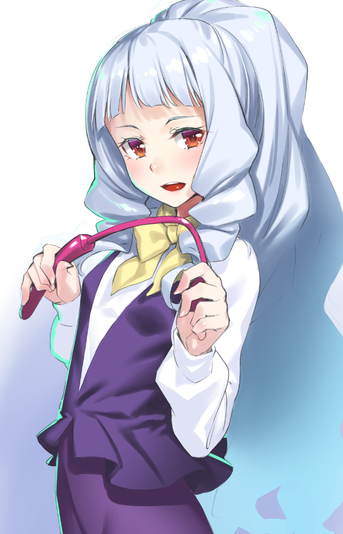 1girl :d aikatsu! bow bowtie commentary_request drill_hair h_kasei long_hair looking_at_viewer open_mouth red_eyes riding_crop shirogane_lilly silver_hair smile solo yellow_neckwear