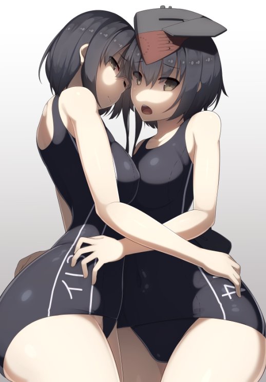 2girls ass bare_arms blue_hair blue_swimsuit breast_press breasts brown_eyes collarbone covered_navel erect_nipples eyebrows_visible_through_hair gradient gradient_background grey_background hands_on_another's_hip hat i-13_(kantai_collection) i-14_(kantai_collection) kantai_collection looking_at_viewer medium_breasts multiple_girls one-piece_swimsuit open_mouth samegami school_swimsuit shiny shiny_hair short_hair smile swimsuit symmetrical_docking thighs upper_body