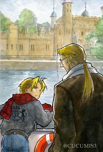 2boys :d artist_name belt blonde_hair city coat edward_elric father_and_son fullmetal_alchemist glasses gloves grey_shirt long_hair looking_at_another looking_back male_focus multiple_boys open_mouth pants ponytail scarf shirt short_hair smile tree twitter_username urikurage van_hohenheim white_shirt yellow_eyes