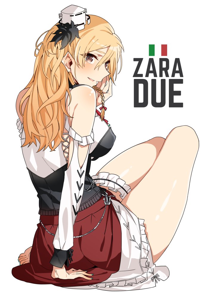 1girl anchor asakawa_(outeq) bare_shoulders barefoot black_feathers blonde_hair braid breasts brown_eyes chains corset erect_nipples fingernails frilled_skirt frills from_behind full_body garters hair_between_eyes hand_on_own_face hat italian_flag kantai_collection large_breasts layered_skirt long_hair long_sleeves looking_at_viewer looking_back mini_hat miniskirt parted_lips remodel_(kantai_collection) shirt side_braid simple_background sitting skirt smile solo support wavy_hair wavy_mouth white_background white_shirt zara_(kantai_collection)