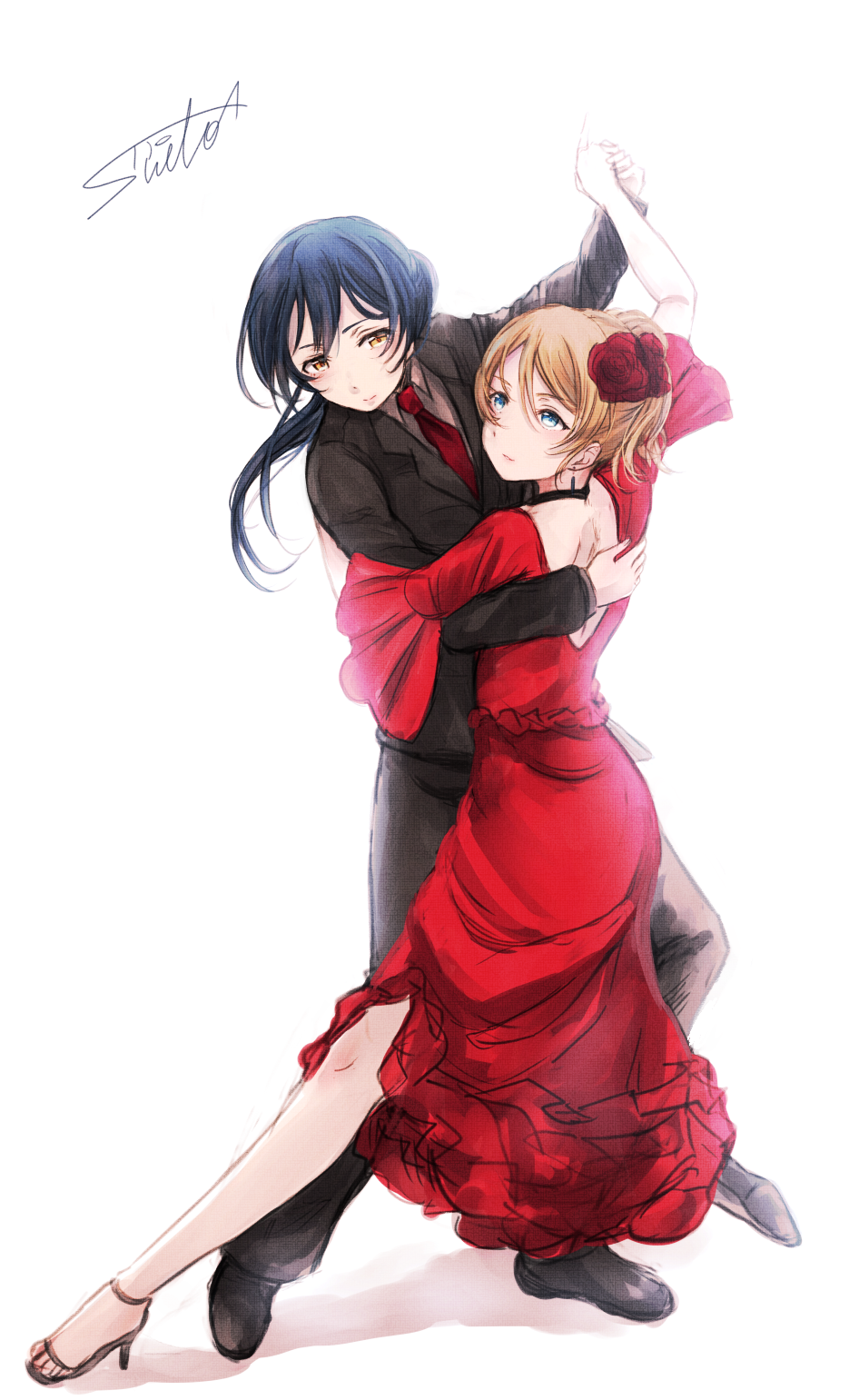 2girls ayase_eli bangs blonde_hair blue_eyes blue_hair blush business_suit commentary_request dancing dress flower formal hair_flower hair_ornament highres long_hair love_live! love_live!_school_idol_project multiple_girls necktie red_dress red_neckwear signature simple_background sonoda_umi suit suito white_background yellow_eyes