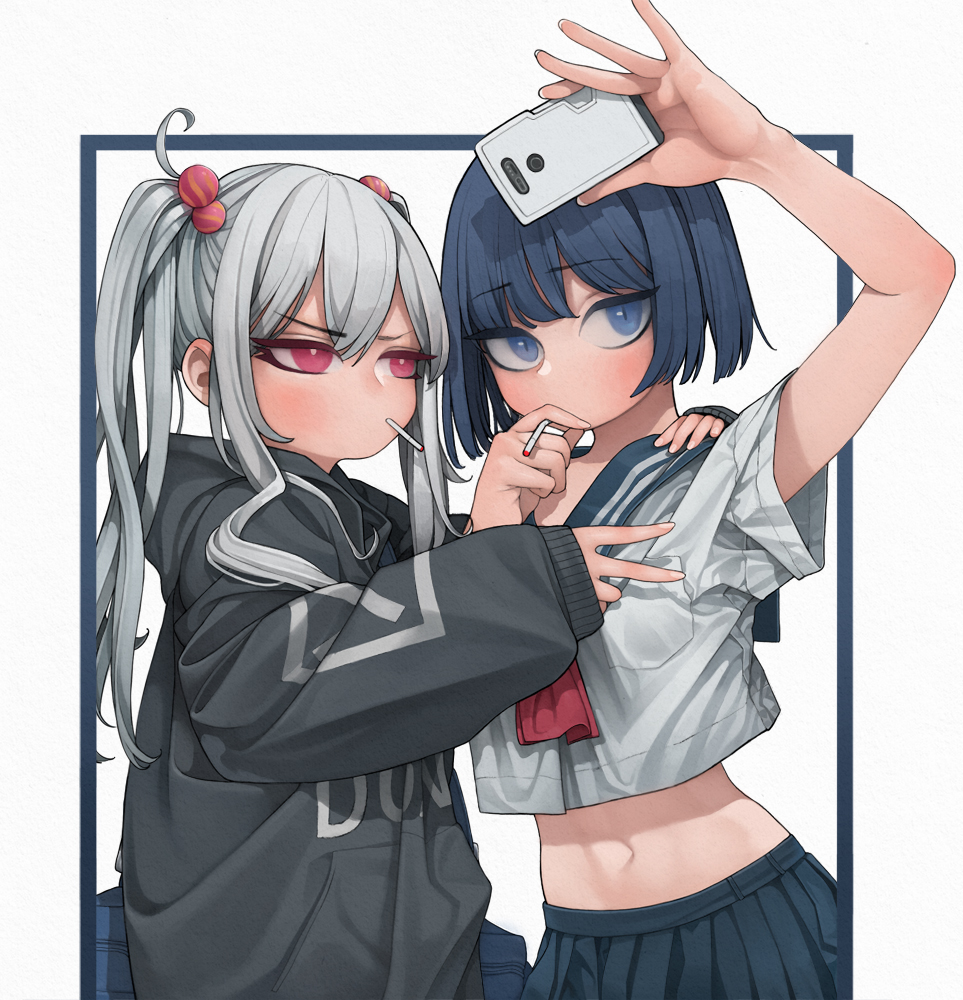 1girl 2girls ahoge arm_above_head arm_up bangs black_hoodie blue_eyes blue_sailor_collar blue_skirt cellphone cellphone_camera cigarette clothes_writing crop_top eyebrows_visible_through_hair grey_hair hair_bobbles hair_ornament holding holding_cigarette holding_phone hood hoodie long_hair long_sleeves midriff multiple_girls narrow_waist navel neckerchief original phone pink_eyes pleated_skirt pose rabbit_(wlsdnjs950) red_neckwear sailor_collar school_uniform self_shot serafuku shirt_pocket short_hair short_sleeves skirt slit_pupils smartphone smoking stomach twintails