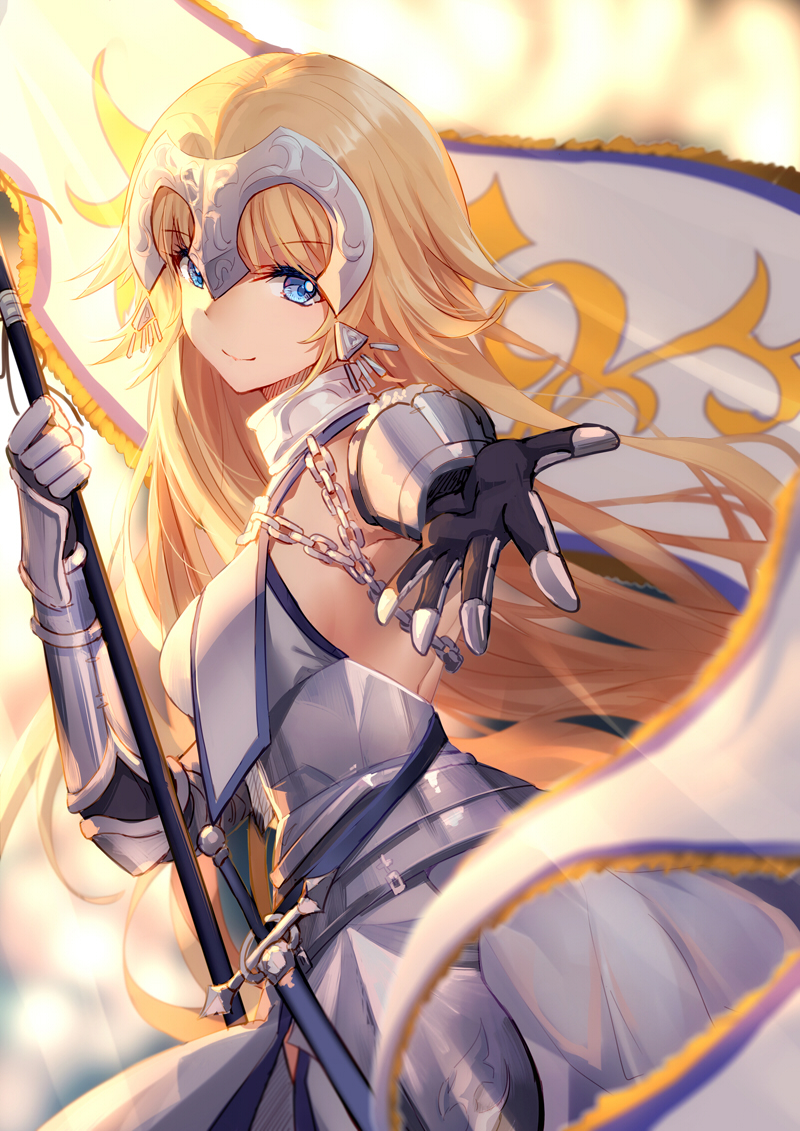 1girl armor armored_dress bison_cangshu blonde_hair blue_eyes blurry chains closed_mouth commentary_request depth_of_field eyebrows_visible_through_hair fate/apocrypha fate/grand_order fate_(series) flag flagpole gauntlets headpiece jeanne_d'arc_(fate) jeanne_d'arc_(fate)_(all) long_hair looking_at_viewer outstretched_arm reaching reaching_out solo yellow_eyes