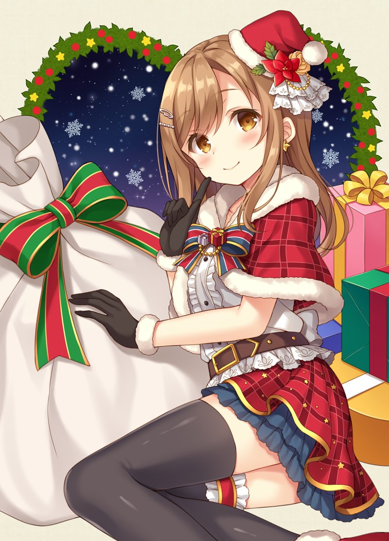 1girl bangs belt black_gloves black_legwear blush bow bowtie box brown_eyes brown_hair capelet center_frills christmas christmas_wreath cover cover_page doujin_cover earrings finger_to_mouth flower fur-trimmed_capelet fur-trimmed_gloves fur_trim gift gift_box gloves hair_ornament hairpin hat index_finger_raised jewelry kunikida_hanamaru long_hair looking_at_viewer love_live! love_live!_sunshine!! nagisa3710 poinsettia sack santa_hat sitting skirt smile snowflakes snowing solo textless thigh-highs thigh_strap