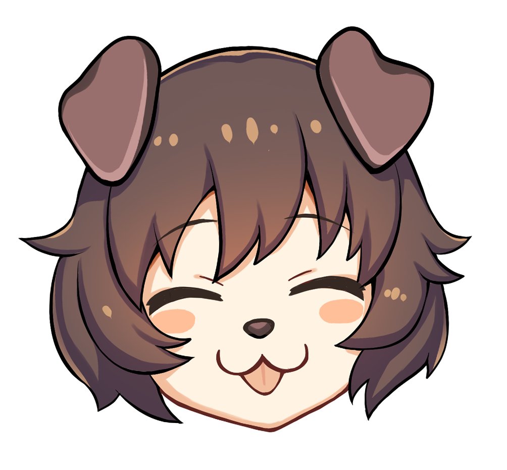1girl :3 :p akiyama_yukari animal_ears bangs blush brown_hair character_request closed_eyes commentary_request dog_ears eyebrows_visible_through_hair face girls_und_panzer ikomochi looking_at_viewer short_hair simple_background smile snout solo tongue tongue_out white_background