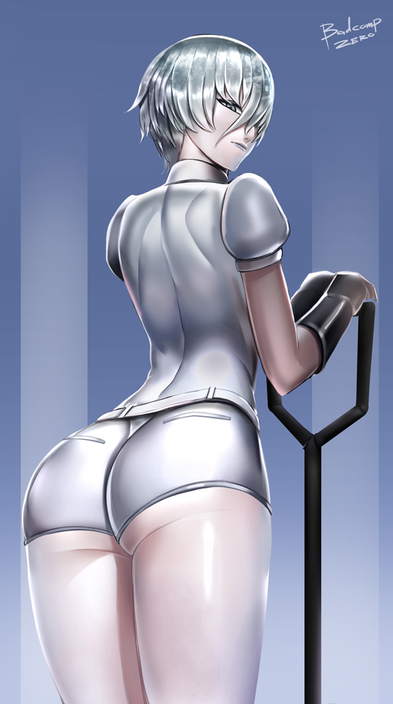 androgynous antarcticite arched_back ass badcompzero black_gloves commentary_request cowboy_shot crystal_hair from_behind gem_uniform_(houseki_no_kuni) gloves grey_eyes houseki_no_kuni legs_together lips lipstick looking_at_viewer looking_back makeup pale_skin shiny shiny_hair shiny_skin shirt short_hair short_sleeves shorts silver_hair solo standing sword uniform weapon white_shirt white_shorts