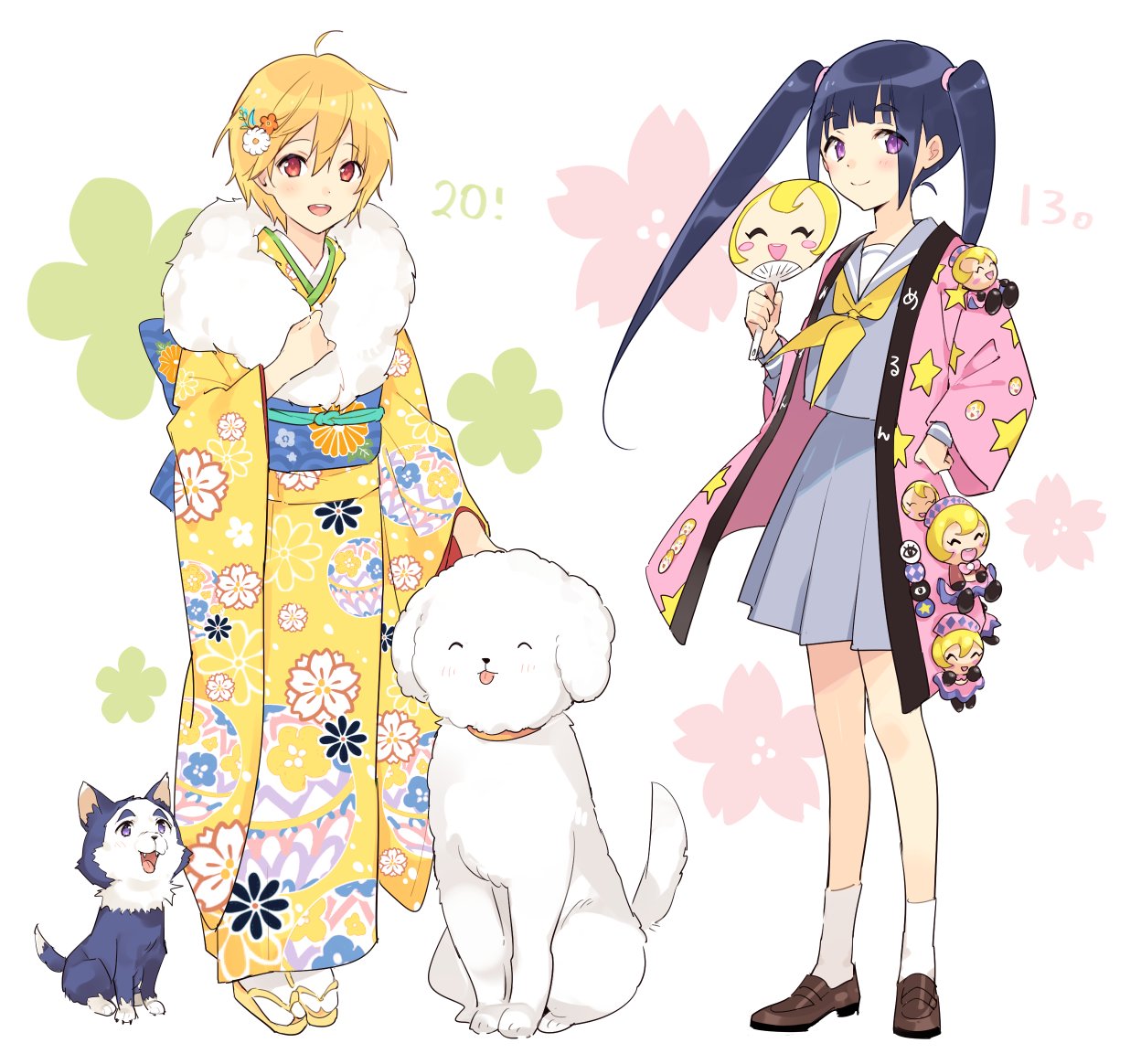 2girls :d blonde_hair blue_sailor_collar blue_shirt blue_skirt blush brown_footwear charm_(object) closed_mouth commentary_request dog eyebrows_visible_through_hair fan flower fur_trim hair_between_eyes hair_flower hair_ornament horiizumi_inko jacket japanese_clothes kimono legs_together multiple_girls neckerchief obi open_mouth original paper_fan pleated_skirt purple_hair red_eyes round_teeth sailor_collar sandals sash school_uniform serafuku shirt shoes short_hair skirt smile socks standing teeth twintails violet_eyes white_legwear yellow_neckwear