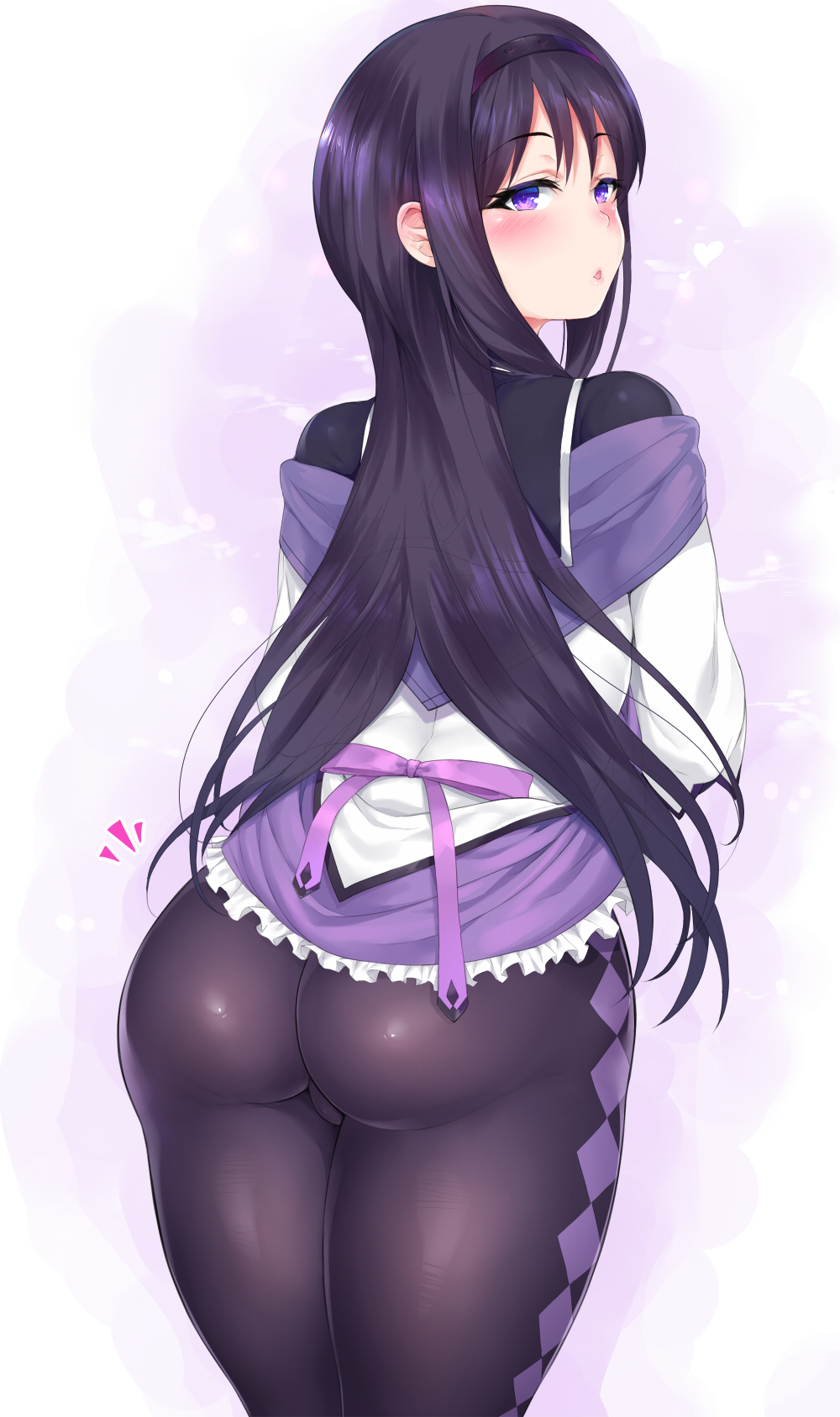 1girl akemi_homura argyle argyle_legwear ass black_hair black_hairband black_legwear commentary_request eyebrows_visible_through_hair from_behind hairband heart highres legs_together lips long_hair looking_at_viewer looking_back magical_girl mahou_shoujo_madoka_magica no_panties open_mouth pantyhose parted_lips shiny shiny_clothes shiny_hair shiny_skin skirt skirt_lift solo standing violet_eyes yomomirin