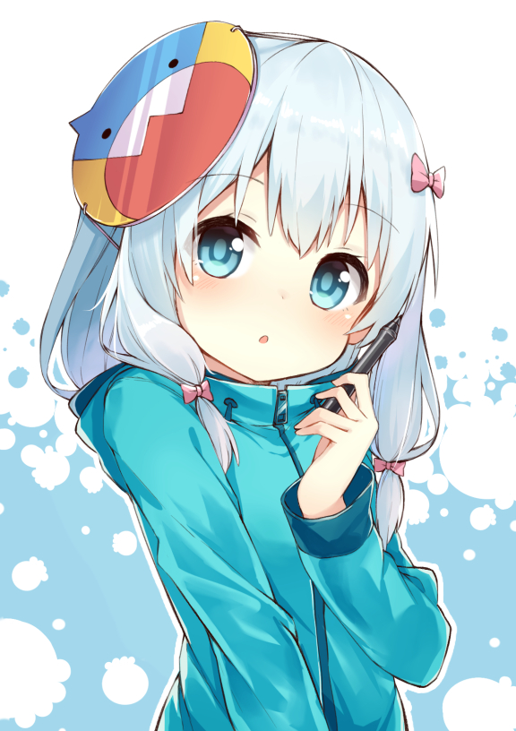 1girl :o bangs blue_eyes blue_jacket blush bow commentary_request darnell eromanga_sensei eyebrows_visible_through_hair hair_between_eyes hair_bow head_tilt holding holding_stylus izumi_sagiri jacket korean_commentary long_sleeves looking_at_viewer mask mask_on_head parted_lips pink_bow sidelocks silver_hair solo stylus