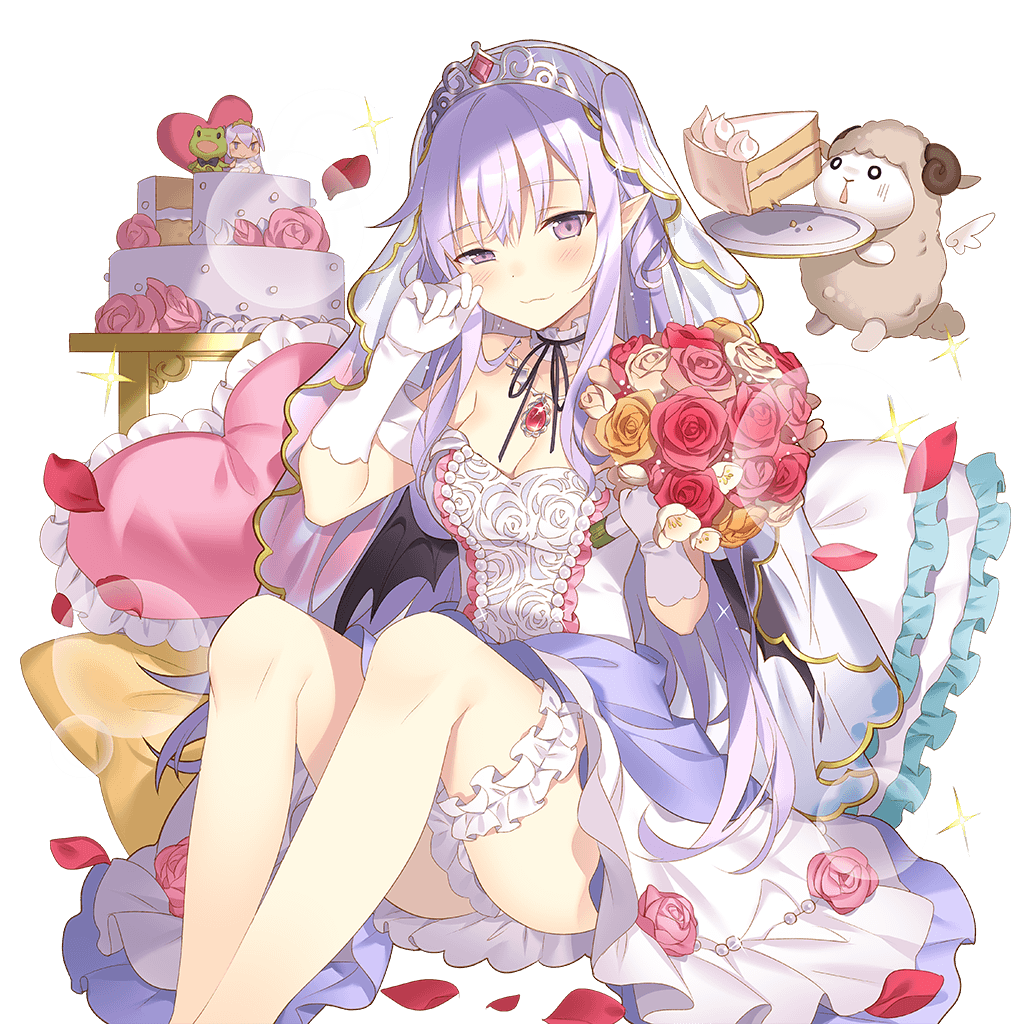 1girl bat_wings black_wings blush bouquet breasts cake cleavage dress eyebrows_visible_through_hair flower food gloves hand_on_own_cheek heart heart_pillow holding holding_bouquet jewelry lavender_hair leg_garter long_hair looking_at_viewer miss_barbara neck_garter official_art pendant petals pillow pointy_ears rose_petals sheep sitting smile solo tears transparent_background uchi_no_hime-sama_ga_ichiban_kawaii veil violet_eyes wedding_cake white_gloves wings wiping_tears