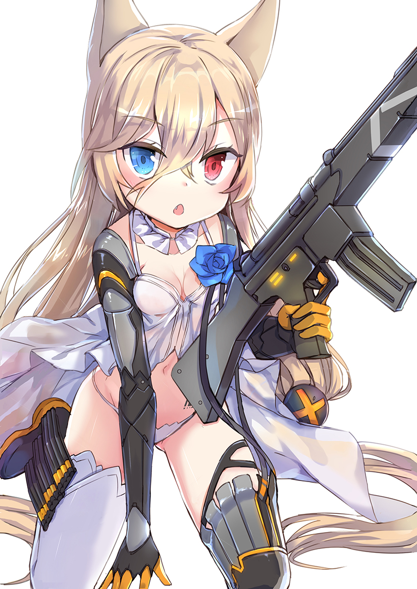 1girl animal_ears assault_rifle babydoll bangs black_footwear black_gloves blue_eyes blush boots breasts chestnut_mouth cleavage collarbone detached_collar elbow_gloves eyebrows_visible_through_hair fang g41_(girls_frontline) girls_frontline gloves groin gun h&amp;k_g41 hair_between_eyes hair_ornament heterochromia holding holding_gun holding_weapon jin_young-in kneeling light_brown_hair long_hair looking_at_viewer medium_breasts navel object_namesake panties red_eyes rifle simple_background solo thigh-highs underwear underwear_only very_long_hair weapon white_background white_legwear white_panties