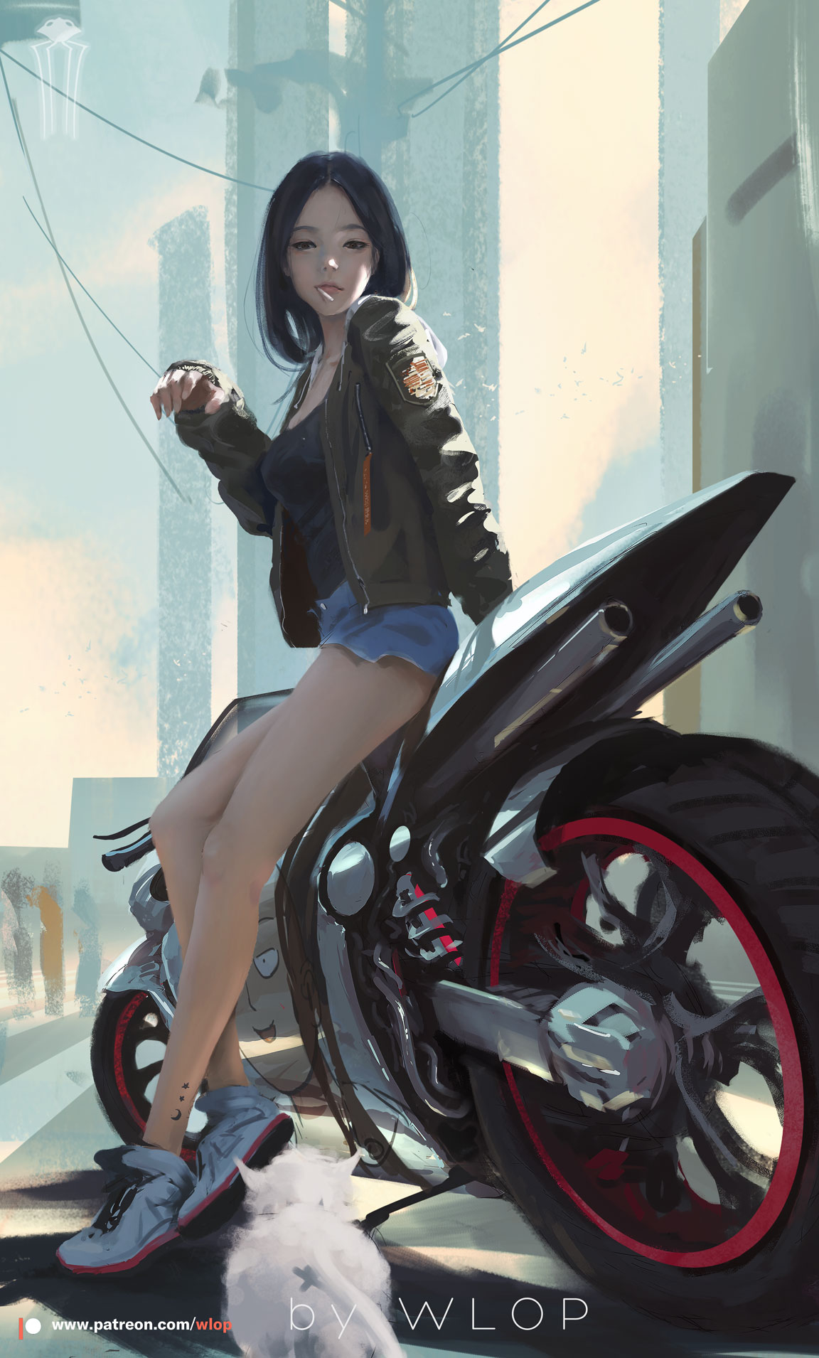 1girl artist_name black_hair black_shirt blue_shorts building candy cat commentary food green_jacket ground_vehicle highres hood hood_down hoodie jacket legs lollipop motor_vehicle motorcycle mouth_hold multicolored_footwear open_clothes open_eyes open_hoodie original outdoors patreon_logo patreon_username power_lines shirt short_hair shorts sitting skyscraper solo wlop