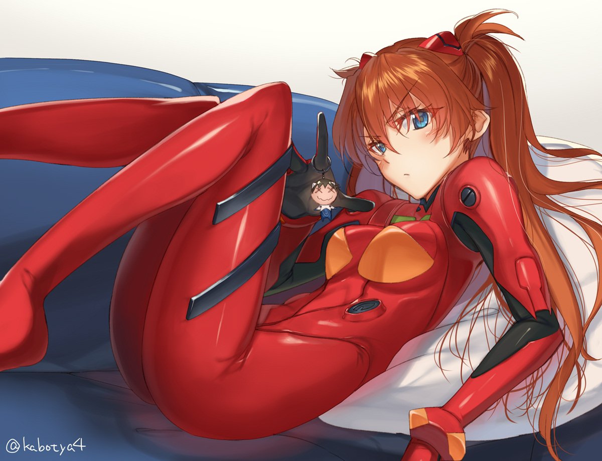 1girl blue_eyes blush bodysuit hair_ornament kabocha_(monkey4) long_hair looking_back lying neon_genesis_evangelion orange_hair pilot_suit plugsuit red_bodysuit shiny shiny_clothes signature skin_tight solo souryuu_asuka_langley twintails