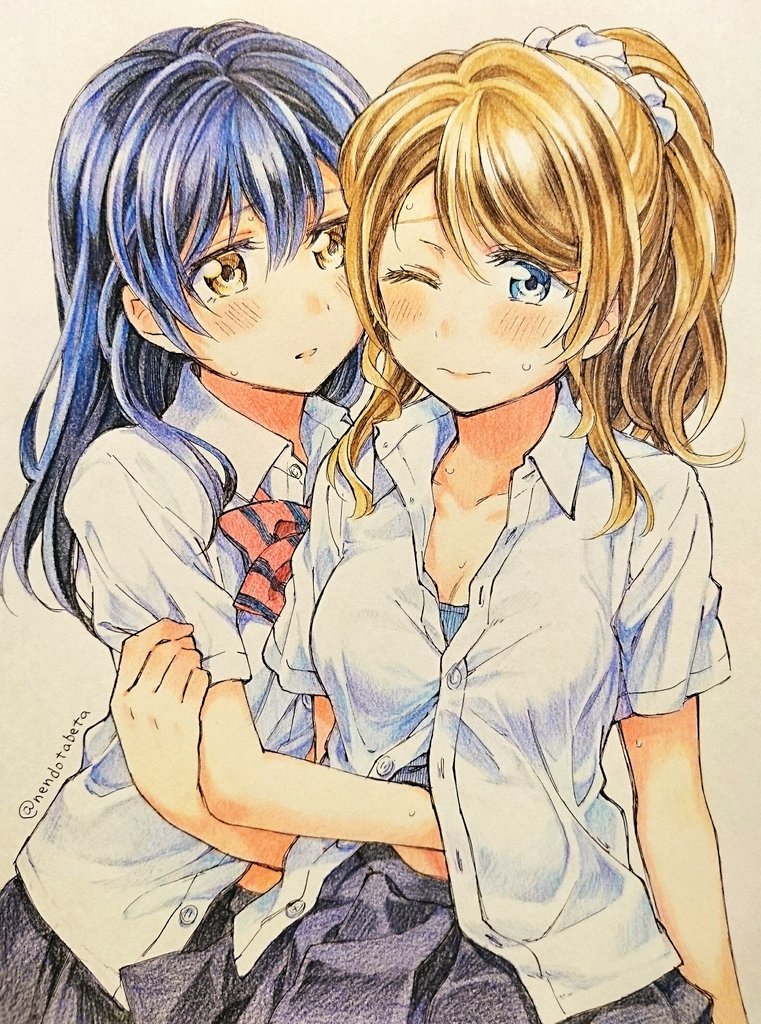 2girls artist_request ayase_eli bangs blonde_hair blue_bra blue_eyes blue_hair blush bra closed_mouth hair_between_eyes hand_on_another's_stomach long_hair love_live! love_live!_school_idol_project multiple_girls one_eye_closed open_clothes open_mouth open_shirt otonokizaka_school_uniform ponytail red_neckwear school_uniform scrunchie shirt simple_background sonoda_umi striped_neckwear underwear undressing white_background white_shirt yuri