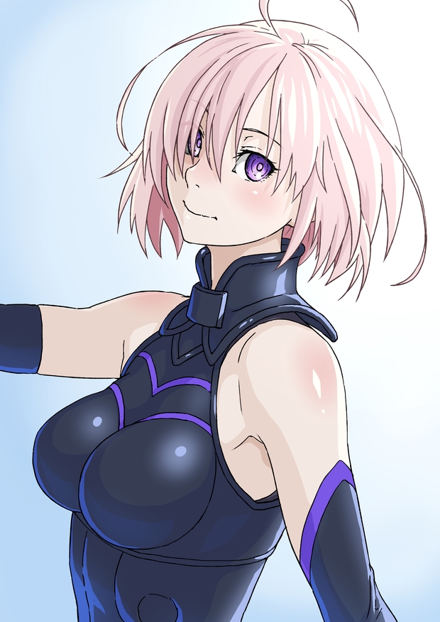 1girl ahoge armor bare_shoulders blush breasts elbow_gloves fate/grand_order fate_(series) gloves hair_over_one_eye lavender_hair long_hair looking_at_viewer mash_kyrielight medium_breasts shielder_(fate/grand_order) short_hair sjw_kazuya smile solo upper_body violet_eyes