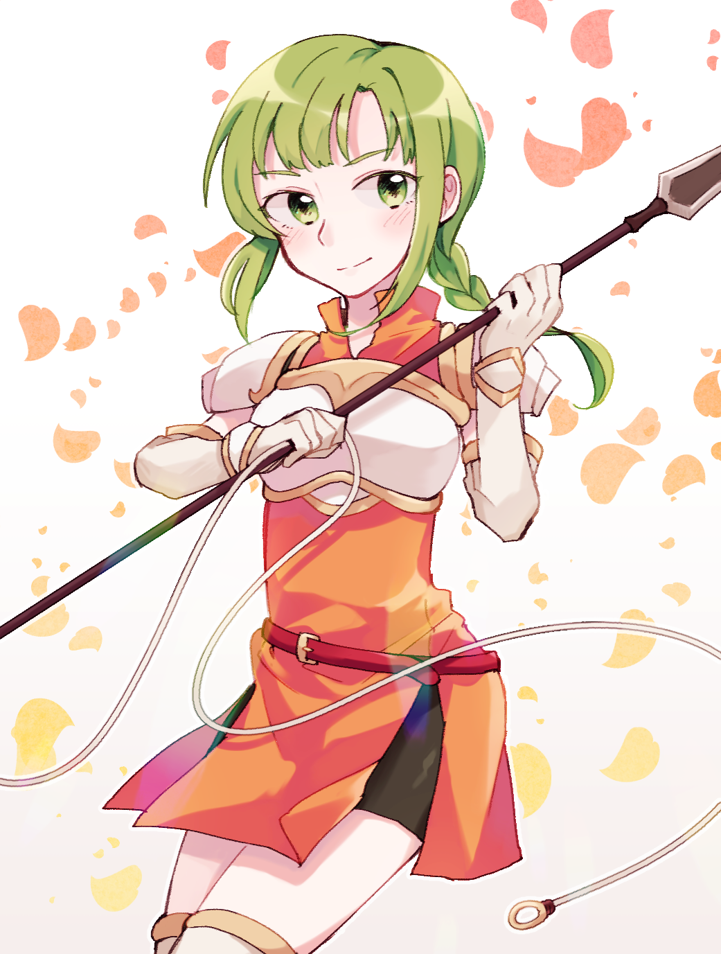 1girl armor breastplate fire_emblem fire_emblem:_seima_no_kouseki green_hair headband highres holding holding_spear holding_weapon looking_at_viewer pauldrons petals polearm ponytail sisuko1016 smile spear vanessa_(fire_emblem) weapon