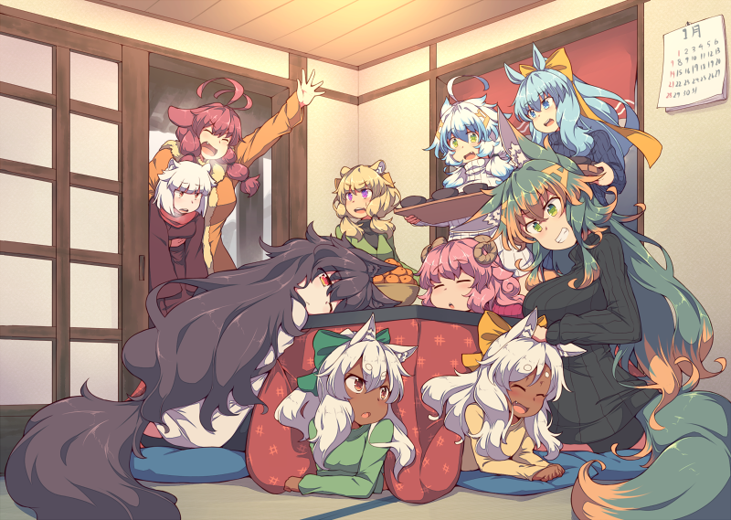 6+girls blonde_hair blue_eyes blue_hair bow breasts brown_eyes brown_hair closed_eyes coat dark_skin fang green_eyes hair_bow horns indoors inumiya_shiho karimiya_chiko kotatsu kuromiya kuromiya_raika kuzakura_mika large_breasts long_hair looking_at_another lying manakashi_akane multicolored_hair multiple_girls nezumiya_chinatsu on_stomach open_mouth original petting pink_hair plumeria_youn red_eyes ribbed_sweater scarf sheep_horns shiromiya_asuka short_hair siblings sitting souma_ren standing sweater table tail twins two-tone_hair violet_eyes white_hair zurka_youn