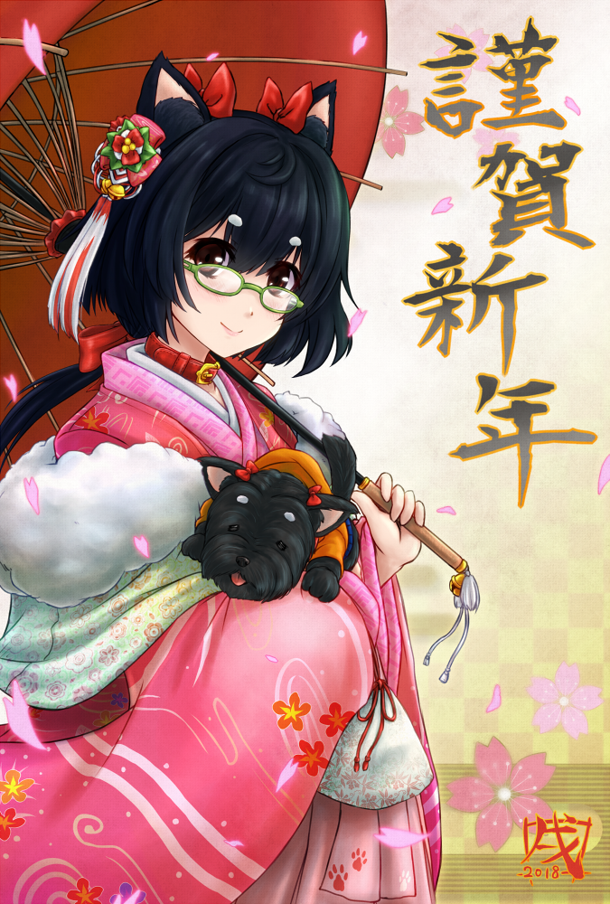 1girl 2018 animal_ears black_hair blush bow brown_eyes closed_mouth collar dog dog_ears eltnage floral_background floral_print from_side glasses green-framed_eyewear hair_between_eyes hair_bow hair_ornament head_tilt holding holding_umbrella japanese_clothes kanzashi kimono long_hair looking_at_viewer low_ponytail new_year oriental_umbrella original paw_print petals red_bow smile tongue tongue_out umbrella year_of_the_dog