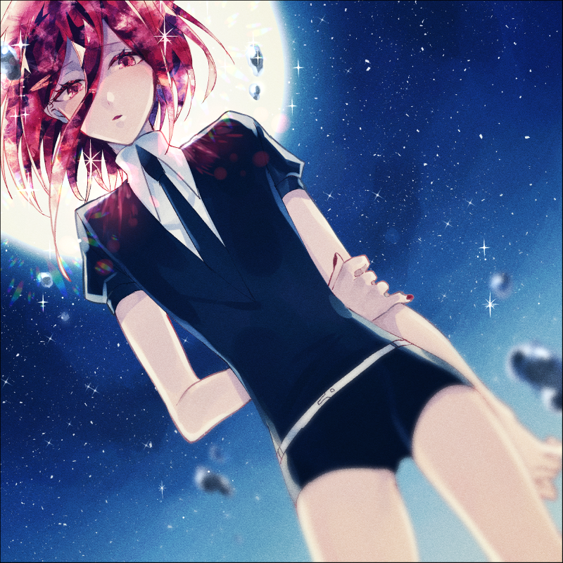 androgynous dutch_angle full_moon gem_uniform_(houseki_no_kuni) hair_between_eyes houseki_no_kuni looking_at_viewer mercury moon necktie night night_sky red_eyes redhead shinsha_(houseki_no_kuni) short_hair shorts sky solo sparkle star_(sky) starry_sky uniform washi_(micino)