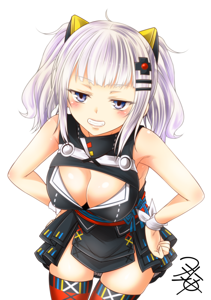 1girl bare_arms bare_shoulders blue_eyes blush breasts cleavage cleavage_cutout commentary_request cowboy_shot grin hair_ornament hairclip hands_on_hips kaguya_luna kaguya_luna_(character) leaning_forward looking_at_viewer medium_breasts medium_hair signature silver_hair simple_background sleeveless smile solo twintails white_background yua_(checkmate)