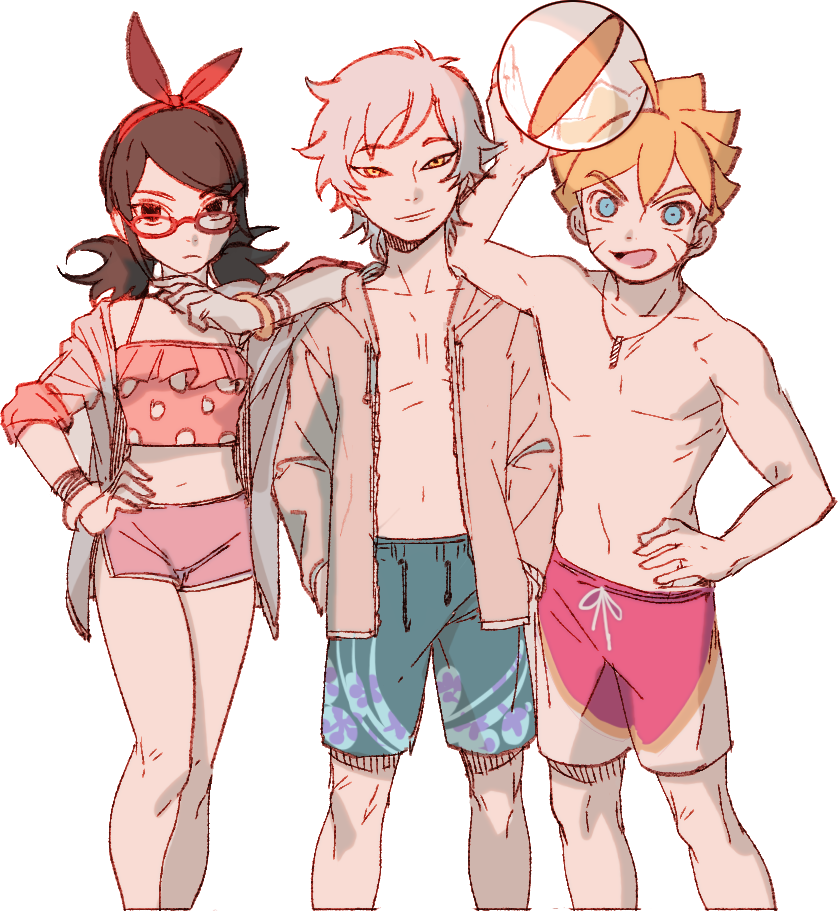 1girl 2boys bikini black_eyes black_hair boruto:_naruto_next_generations glasses hairband mitsuki_(naruto) multiple_boys naruto noeunjung93 red-framed_eyewear swimsuit twintails uchiha_sarada uzumaki_boruto