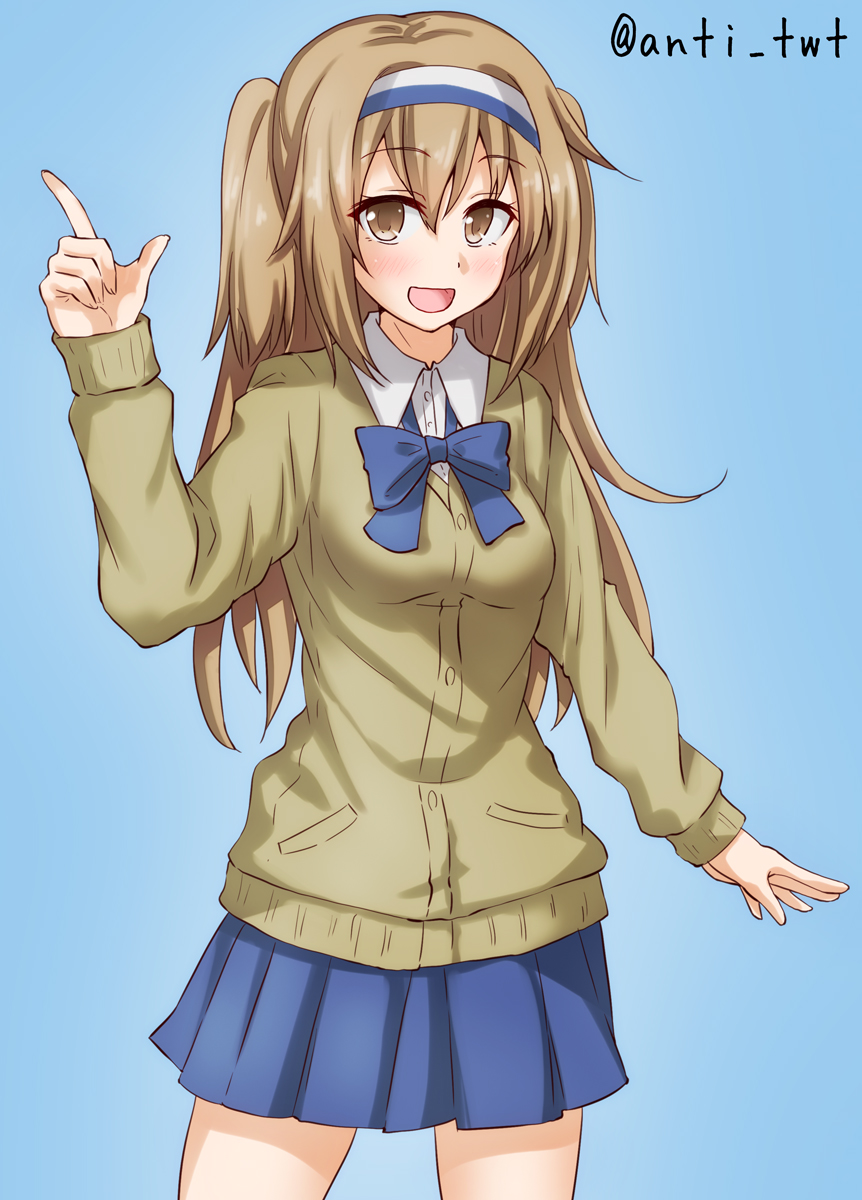 1girl alternate_costume anti_(untea9) blue_background blue_bow blue_skirt bow brown_sweater cardigan commentary_request cowboy_shot hairband highres i-26_(kantai_collection) index_finger_raised kantai_collection light_brown_eyes light_brown_hair long_hair looking_at_viewer open_mouth pleated_skirt school_uniform simple_background skirt smile solo twitter_username two-tone_hairband two_side_up