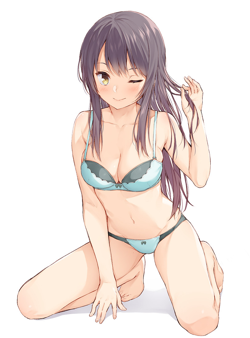 1girl :&gt; arm_support arm_up bangs between_legs black_hair blue_bra blue_panties blush bow bow_panties bra breasts cleavage closed_mouth full_body groin holding holding_hair kneeling leaning_forward long_hair looking_at_viewer medium_breasts mikazuchi_zeus navel original panties simple_background smile solo stomach underwear underwear_only white_background yellow_eyes