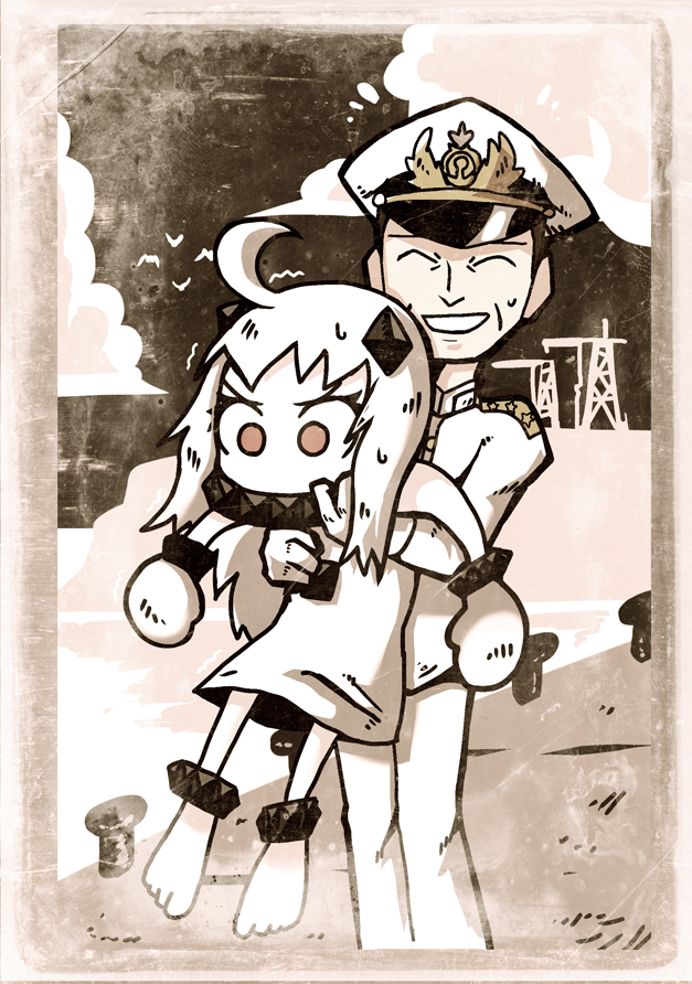 1boy 1girl :d admiral_(kantai_collection) ahoge barefoot closed_eyes commentary_request dock dress facing_viewer gloves greyscale hat holding holding_person kantai_collection looking_at_viewer military_hat mittens monochrome navel_cutout northern_ocean_hime open_mouth pale_skin peaked_cap red_eyes setz short_dress smile standing sweatdrop white_dress white_gloves white_hair wide-eyed wrist_cuffs