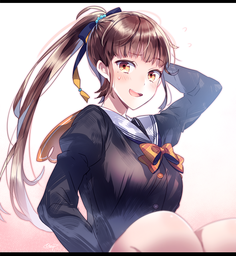 1girl blush breasts brown_hair commentary_request eyebrows eyebrows_visible_through_hair hair_ribbon large_breasts long_hair long_sleeves looking_at_viewer moe_on_drop mole mole_under_eye open_mouth original ponytail ribbon school_uniform solo sweatdrop upper_body yellow_eyes