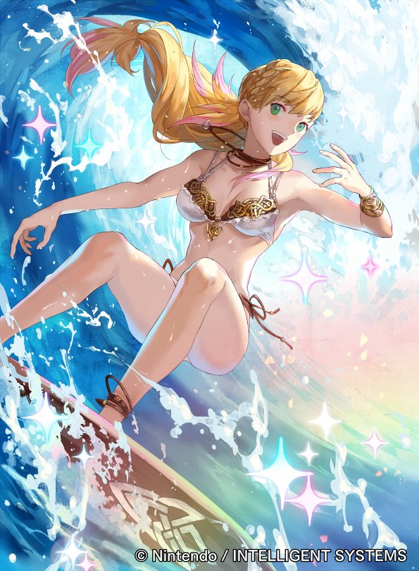 1girl bikini blonde_hair bracelet fire_emblem fire_emblem_cipher fire_emblem_heroes green_eyes intelligent_systems jewelry looking_at_viewer necklace nintendo ocean official_art sharena smile solo super_smash_bros. surfing swimsuit water