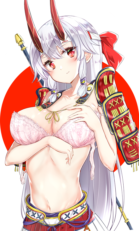 1girl blush bra breasts cleavage fate/grand_order fate_(series) kengorou_saemon_ii_sei large_breasts long_hair looking_at_viewer red_eyes silver_hair smile solo tomoe_gozen_(fate/grand_order) underwear