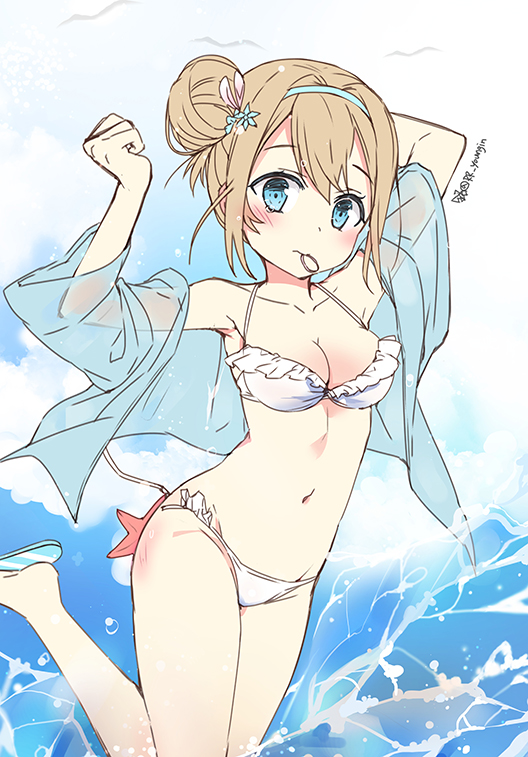 arms_up back bangs bare_shoulders bikini blue_eyes blue_hairband blue_jacket blush breasts cleavage collarbone day eyebrows_visible_through_hair frilled_bikini frills girls_frontline hair_between_eyes hair_bun hair_ornament hair_tie hairband halter_top halterneck jacket jin_young-in light_brown_hair looking_at_viewer medium_breasts mouth_hold open_clothes open_jacket outdoors sandals see-through side_bun sidelocks signature standing standing_on_one_leg starfish striped_footwear suomi_kp31_(girls_frontline) swimsuit torn_bikini wardrobe_malfunction water white_bikini