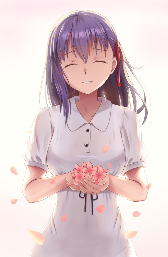 1girl ^_^ backlighting bangs black_ribbon closed_eyes collared_dress dress eyebrows_visible_through_hair facing_viewer fate/stay_night fate_(series) flower gradient gradient_background hair_ribbon holding holding_flower long_hair matou_sakura own_hands_together parted_lips petals pink_flower purple_hair red_ribbon ribbon shiny shiny_hair short_sleeves skyrail solo upper_body white_dress