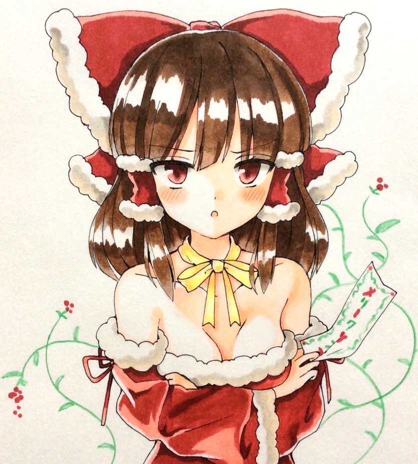 &gt;:o 1girl bare_shoulders blush bow breasts brown_hair cleavage crossed_arms detached_sleeves embarrassed fur_trim hair_bow hair_ribbon hakurei_reimu low-cut medium_breasts medium_hair neck_ribbon ofuda red_eyes ribbon santa_costume solo touhou traditional_media v-shaped_eyebrows yururi_nano