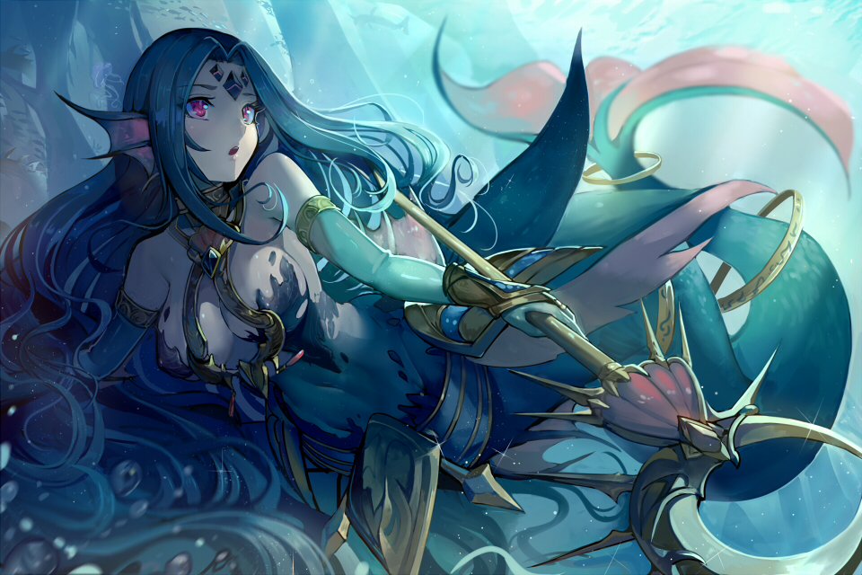 1girl animal_ears bangs blue_gloves blue_hair breasts elbow_gloves facial_mark fins forehead_mark gloves head_fins holding holding_staff jewelry jpeg_artifacts large_breasts long_hair mermaid monster_girl parted_bangs parted_lips pink_eyes solo staff swimming underwater very_long_hair walzrj
