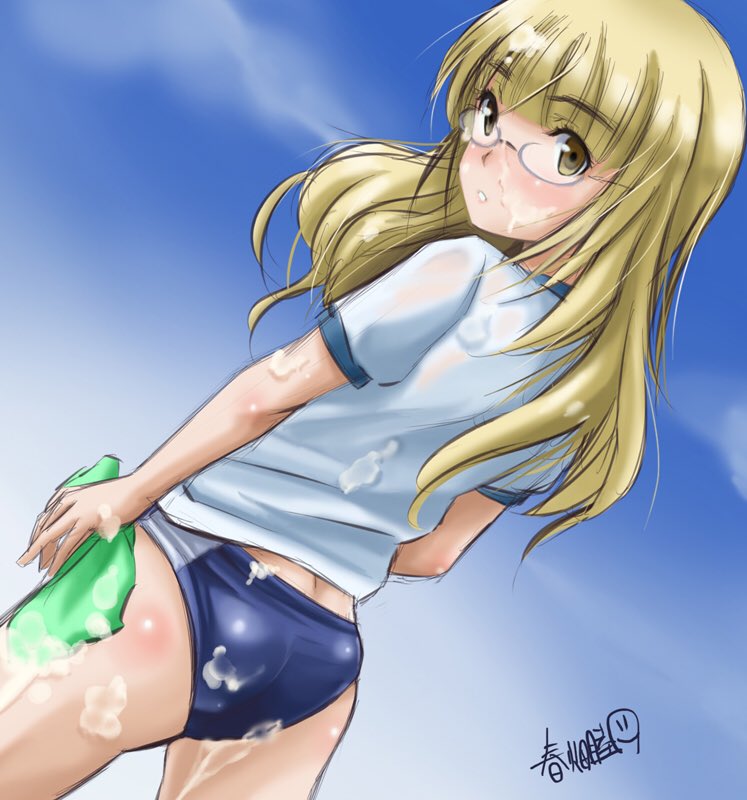 1girl artist_name ass bangs blonde_hair blue_background blue_buruma blue_sky blunt_bangs buruma clouds cowboy_shot dutch_angle from_behind glasses gradient gradient_background gym_uniform haruhata_mutsuki looking_at_viewer looking_back perrine_h_clostermann shirt sky soap_bubbles solo standing strike_witches white_shirt world_witches_series yellow_eyes