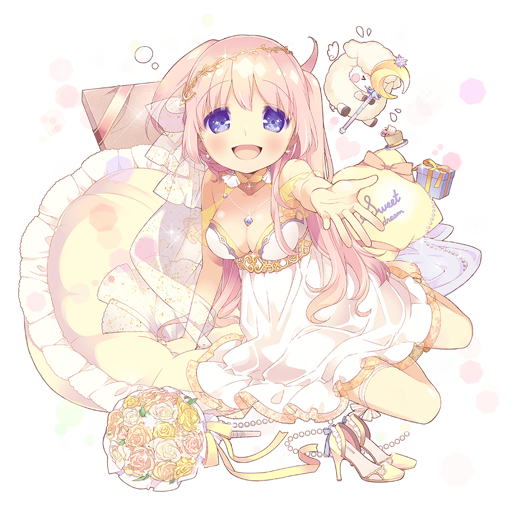 arm_support barefoot blue_eyes blush bouquet box breasts cleavage collarbone dress earrings eyebrows_visible_through_hair flower gift gift_box high_heels jewelry long_hair looking_at_viewer official_art one_side_up open_mouth pillow pink_hair ribbon sheep shoes_removed solo thigh_ribbon transparent_background uchi_no_hime-sama_ga_ichiban_kawaii