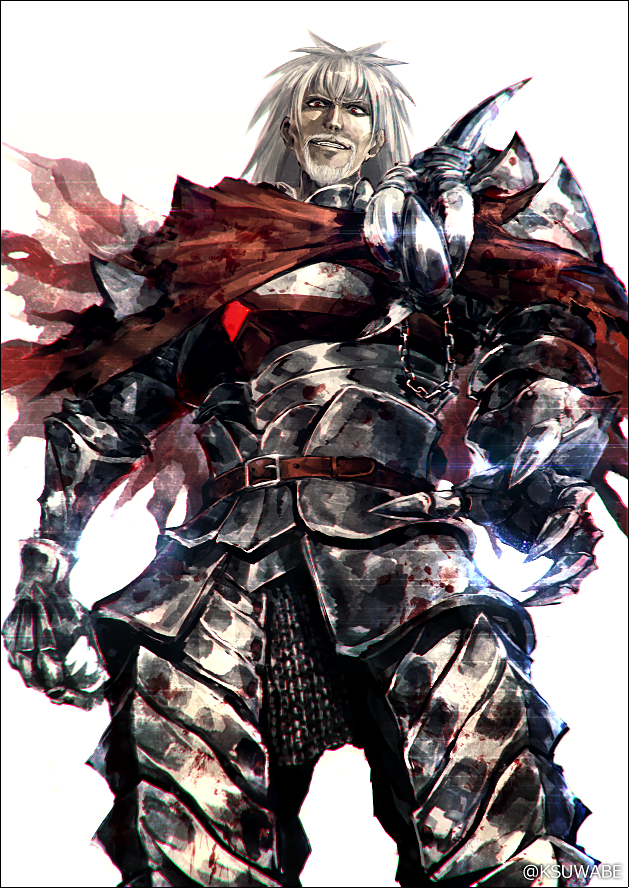 1boy beard black_border border breastplate cape chains commentary_request cowboy_shot facial_hair fate/grand_order fate_(series) faulds goatee greaves grin kei-suwabe long_hair looking_at_viewer male_focus mustache parted_lips pauldrons plate_armor red_cape red_eyes sanpaku silver_hair simple_background smile solo standing torn_cape vlad_iii_(fate/extra) white_background